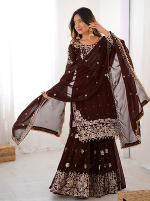 Rajwada Brown Georgette Embroidered Stitched Kurta Set For Women
