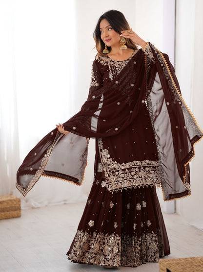 Rajwada Brown Georgette Embroidered Stitched Kurta Set For Women