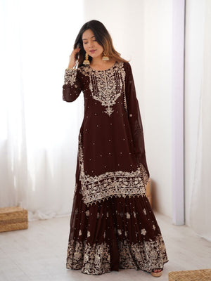 Rajwada Brown Georgette Embroidered Stitched Kurta Set For Women