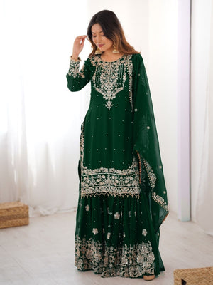Rajwada Dark Green Georgette Embroidered Stitched Kurta Set For Women