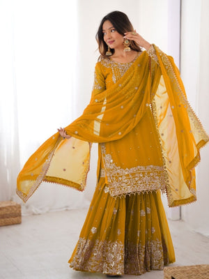 Rajwada Mustard Georgette Embroidered Stitched Kurta Set For Women