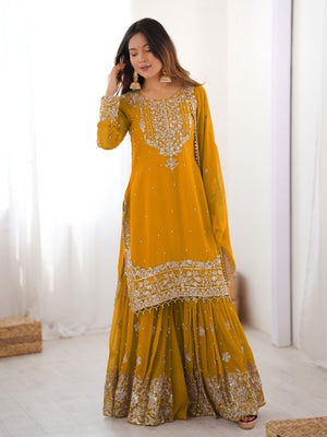 Rajwada Mustard Georgette Embroidered Stitched Kurta Set For Women