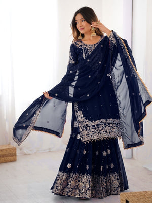 Rajwada Navy Blue Georgette Embroidered Stitched Kurta Set For Women