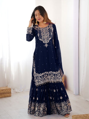 Rajwada Navy Blue Georgette Embroidered Stitched Kurta Set For Women