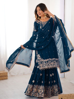 Rajwada Teal Blue Georgette Embroidered Stitched Kurta Set For Women