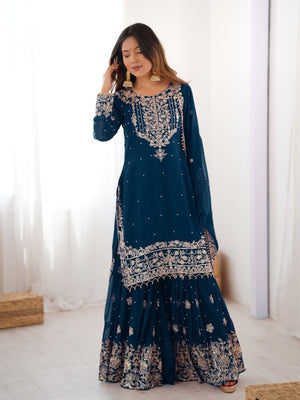 Rajwada Teal Blue Georgette Embroidered Stitched Kurta Set For Women