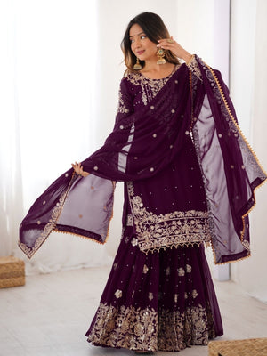 Rajwada Wine Georgette Embroidered Stitched Kurta Set For Women