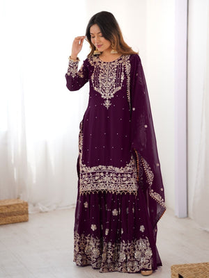 Rajwada Wine Georgette Embroidered Stitched Kurta Set For Women