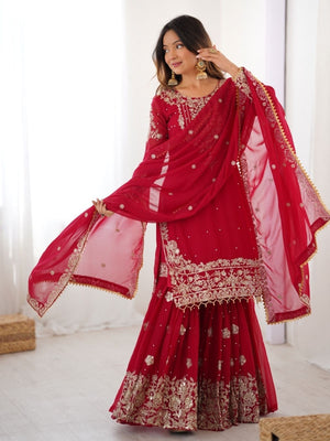 Rajwada Red Georgette Embroidered Stitched Kurta Set For Women