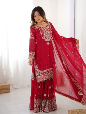 Rajwada Red Georgette Embroidered Stitched Kurta Set For Women