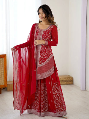 Rajwada Red Georgette Sequins Embroidered Stitched Kurta Set For Women