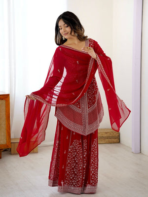 Rajwada Red Georgette Sequins Embroidered Stitched Kurta Set For Women