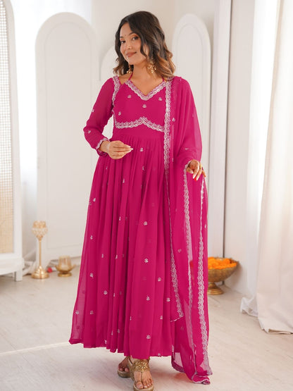 Rajwada Dark Pink Georgette Sequins Embroidered Stitched Kurta Set For Women