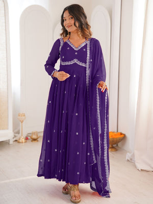 Rajwada Purple Georgette Sequins Embroidered Stitched Kurta Set For Women