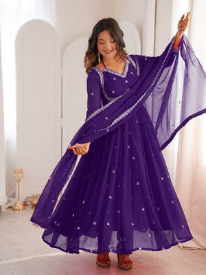 Rajwada Purple Georgette Sequins Embroidered Stitched Kurta Set For Women