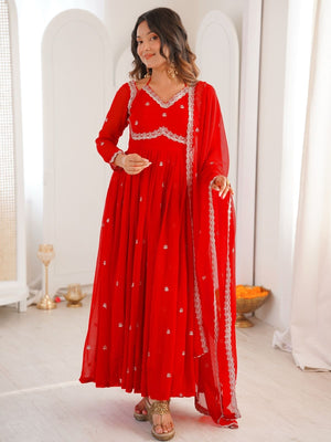 Rajwada Red Georgette Sequins Embroidered Stitched Kurta Set For Women