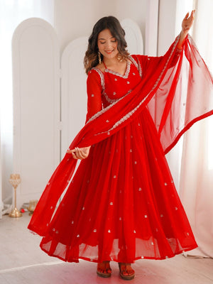 Rajwada Red Georgette Sequins Embroidered Stitched Kurta Set For Women