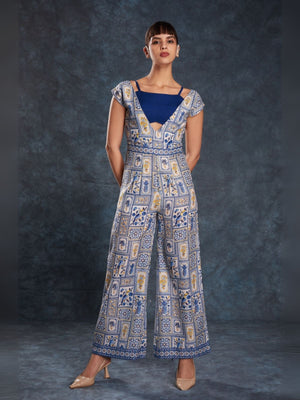 Rajwada Navy Blue Linen Printed Stitched Co-Ord Set For Women