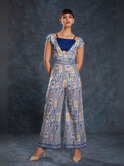Rajwada Navy Blue Linen Printed Stitched Co-Ord Set For Women