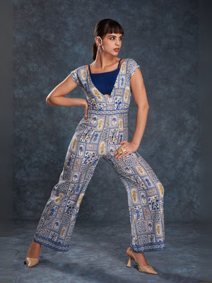 Rajwada Navy Blue Linen Printed Stitched Co-Ord Set For Women