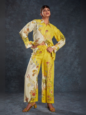 Rajwada Yellow Linen Printed Stitched Co-Ord Set For Women