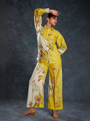 Rajwada Yellow Linen Printed Stitched Co-Ord Set For Women