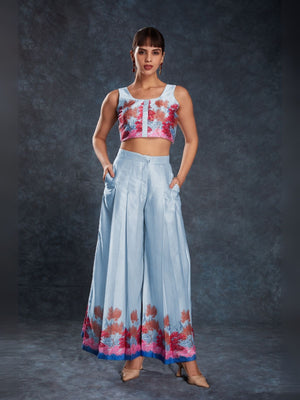 Rajwada Light Blue Linen Printed Stitched Co-Ord Set For Women