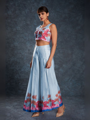 Rajwada Light Blue Linen Printed Stitched Co-Ord Set For Women