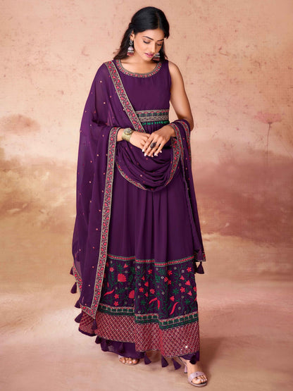 Rajwada Wine Georgette Embroidered Stitched Gown For Women