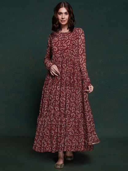 Rajwada Burgundy Printed Organza Stitched Gown For Women