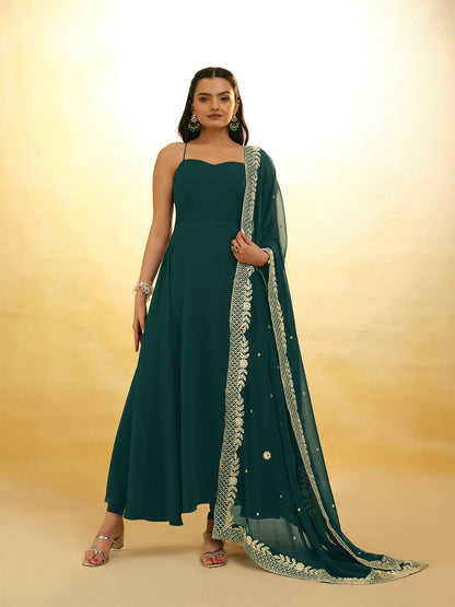 Rajwada Green Georgette Embroidery Stitched Anarkali With Dupatta For Women