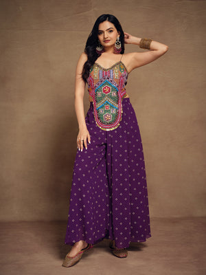 Rajwada Purple Art Silk Embroidered Stitched Indo Western Co ord Set For Women