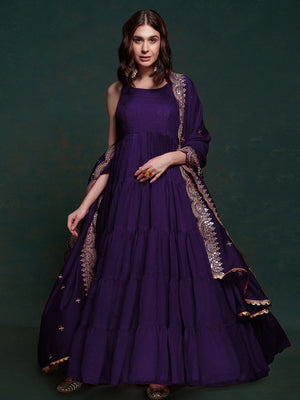 Rajwada Purple Silk Blend Solid Stitched Gown For Women