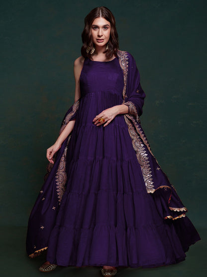Rajwada Purple Silk Blend Solid Stitched Gown For Women