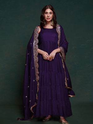 Rajwada Purple Silk Blend Solid Stitched Gown For Women