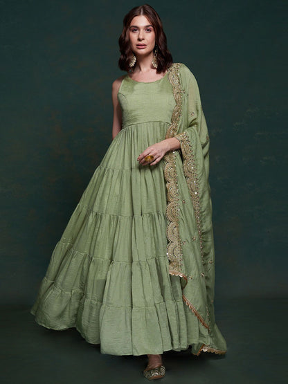 Rajwada Olive Printed Georgette Stitched Gown For Women