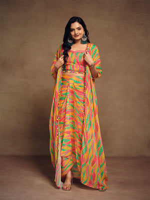 Rajwada Multicolor Silk Blend Printed  Stitched Indo Western Co ord Set For Women