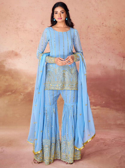 Rajwada Blue Georgette Embroidered Stitched Kurta Set For Women