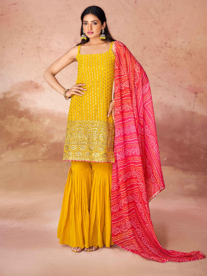 Rajwada Yellow Georgette Embroidered Stitched Kurta Set For Women