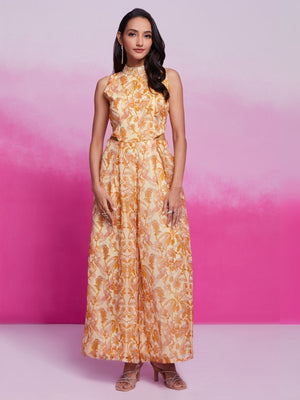 Rajwada Yellow Organza Printed Stitched Jumpsuit For Women