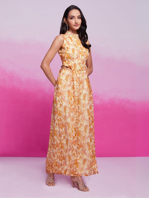 Rajwada Yellow Organza Printed Stitched Jumpsuit For Women