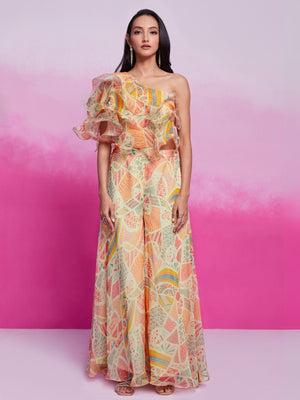 Rajwada Multicolor Organza Printed Stitched Co-Ord Set For Women