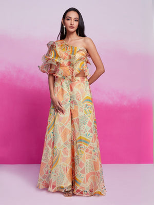 Rajwada Multicolor Organza Printed Stitched Co-Ord Set For Women
