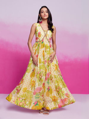 Rajwada Green Organza Printed Stitched Gown For Women