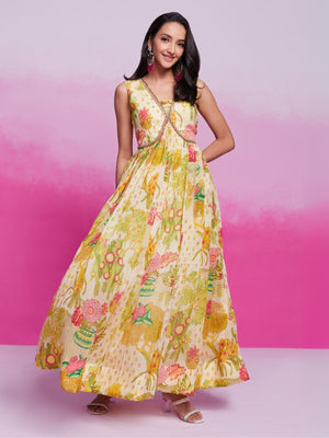Rajwada Green Organza Printed Stitched Gown For Women
