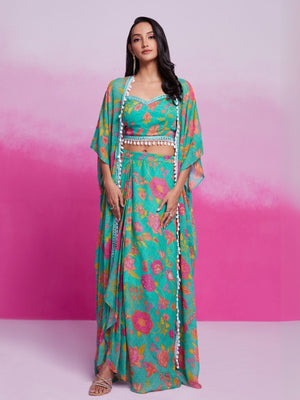 Rajwada Teal Georgette Printed Stitched Co-Ord Set For Women