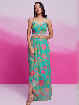Rajwada Teal Georgette Printed Stitched Co-Ord Set For Women