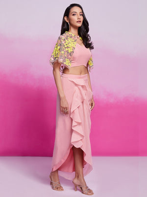 Rajwada Light Pink Organza Solid Stitched Co-Ord Set For Women