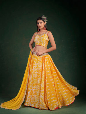 Rajwada Women Yellow Embroidered Festive Semi Stitched Lehenga With Unstitched Blouse