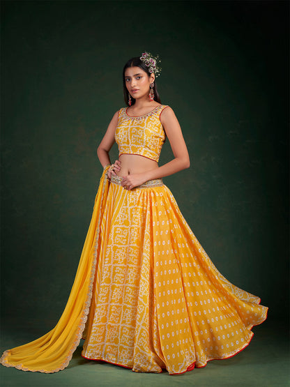 Rajwada Women Yellow Embroidered Festive Semi Stitched Lehenga With Unstitched Blouse